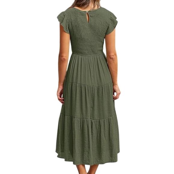 #4NWT Merokeety Dark Green Midi Dress Smocked Top Flutter Sleeves Size Medium - Picture 2 of 3